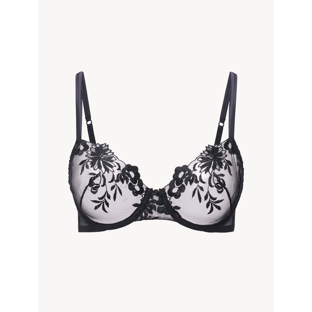 La‎ Perla Zephyr Underwire Lace Bra 32B Black Sheer Tulle Mesh Floral Unpadded